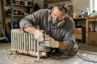 Homme en tenue de protection ponçant un radiateur en fonte avec une ponceuse orbitale dans un atelier domestique