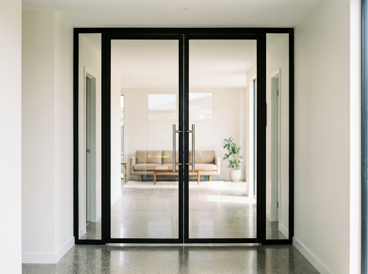 Porte battante vitrée en acier noir mat installée dans un couloir moderne aux murs blancs et sol en béton poli