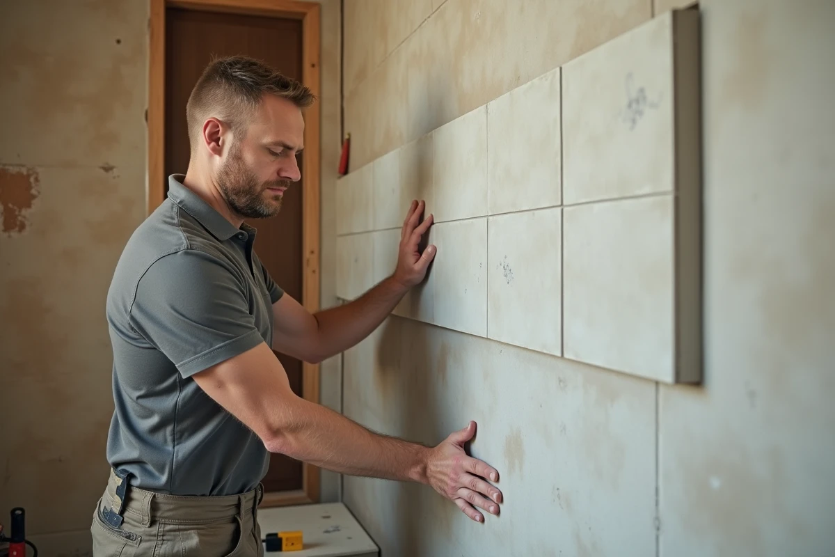 Artisan posant une dalle PVC sur le mur d'une salle de bain en cours de rénovation pour une location immobilière