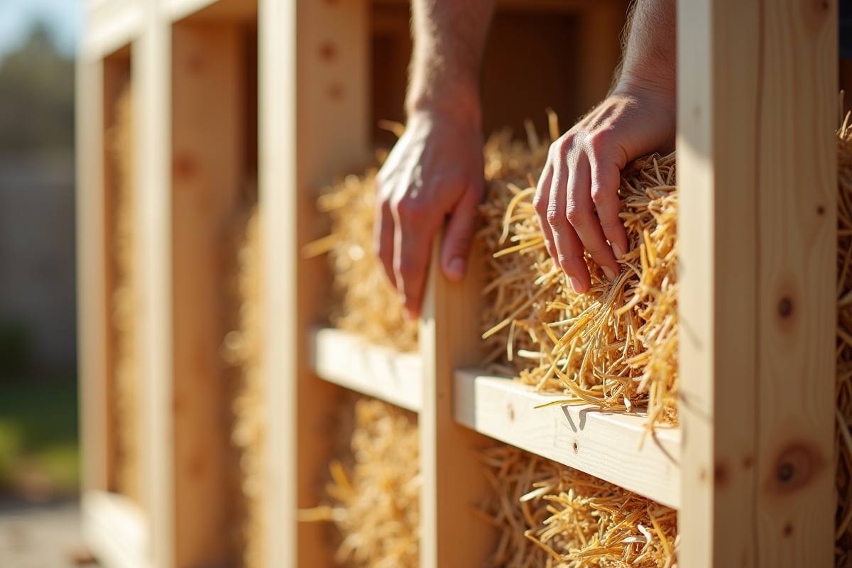 Mains installant une isolation en paille dans une structure en bois