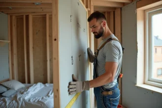 Ouvrier posant un panneau de placo isolant phonique contre une cloison de chambre en cours de rénovation