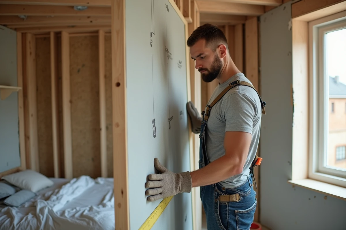Ouvrier posant un panneau de placo isolant phonique contre une cloison de chambre en cours de rénovation