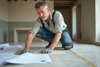 Hommes poseur de carrelage appliquant de la colle au sol