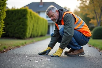 Ouvrier inspectant une allée en béton exposé