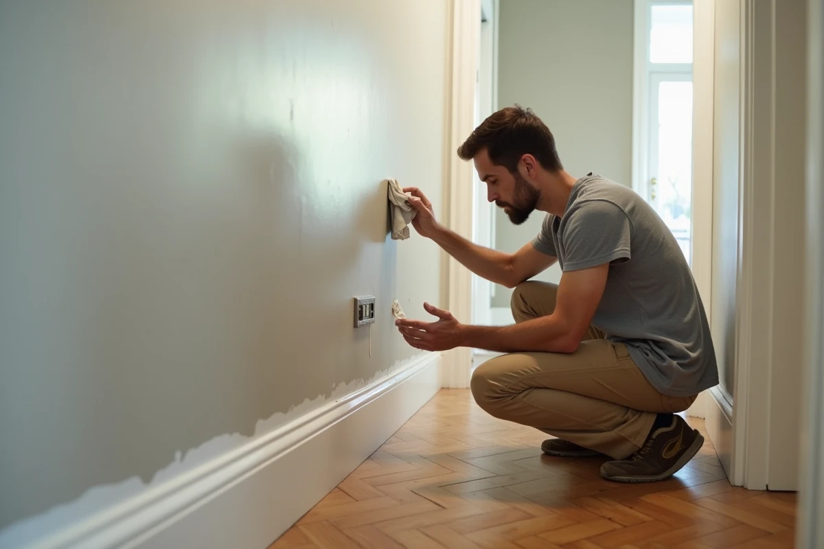Homme testant un produit dégraissant accrochant sur une peinture glycéro brillante dans un couloir