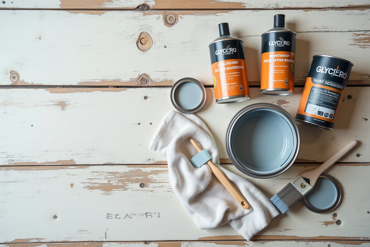Vue de dessus des produits spéciaux pour peindre sur glycéro sans poncer posés sur un établi de bricolage