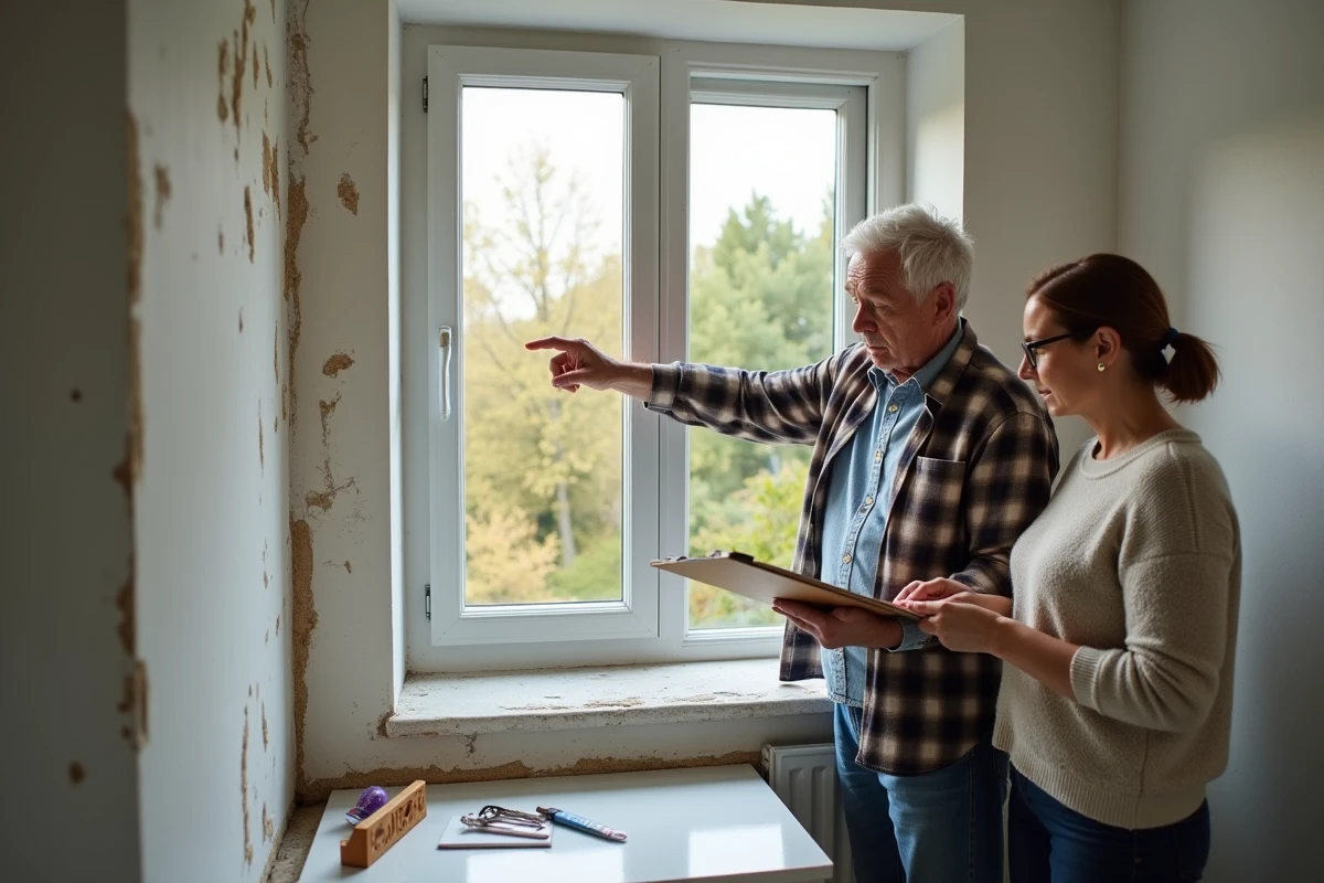 Couple de propriétaires inspectant une fenêtre à double vitrage installée dans le cadre d'une rénovation énergétique DIY