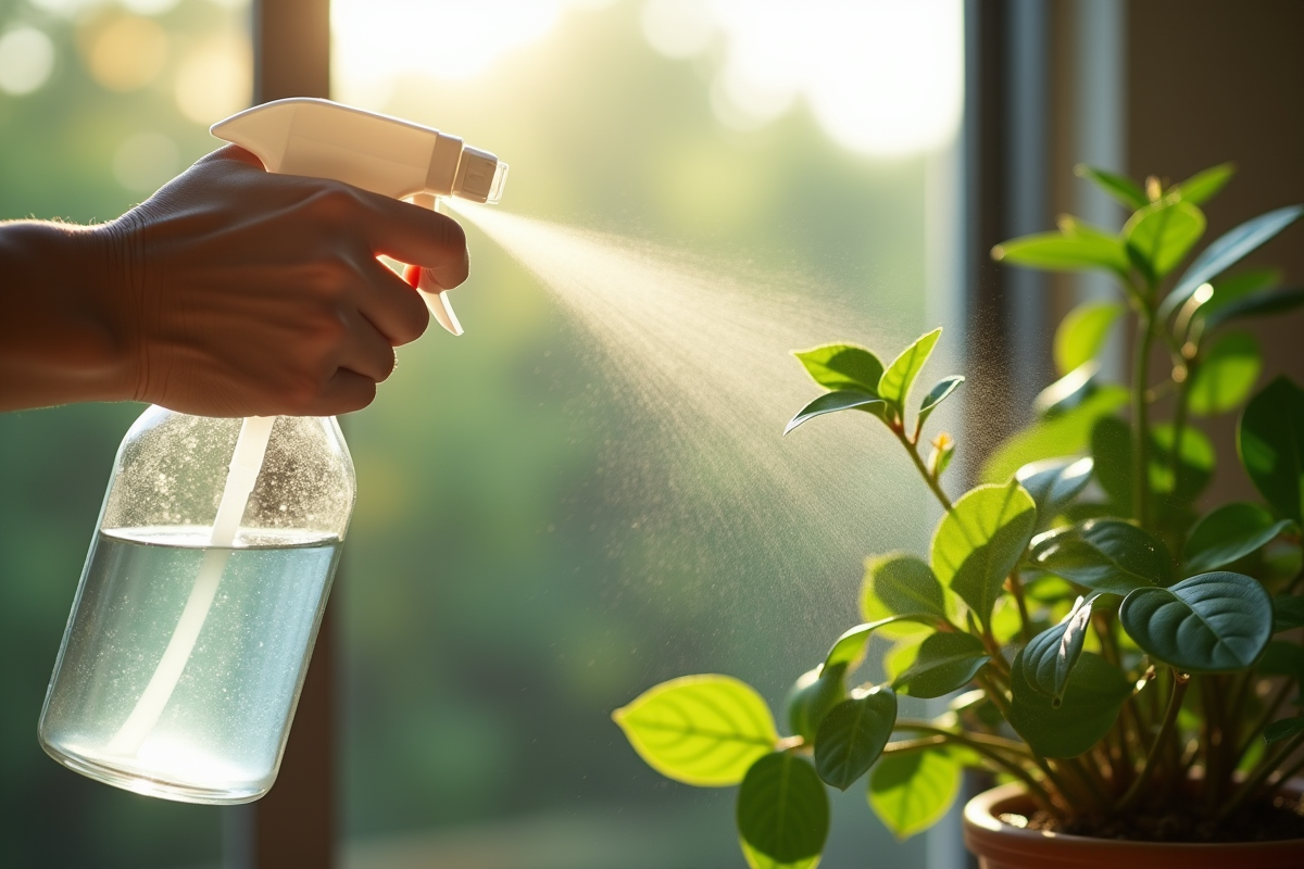 Mains tenant un spray pour arroser des feuilles vertes