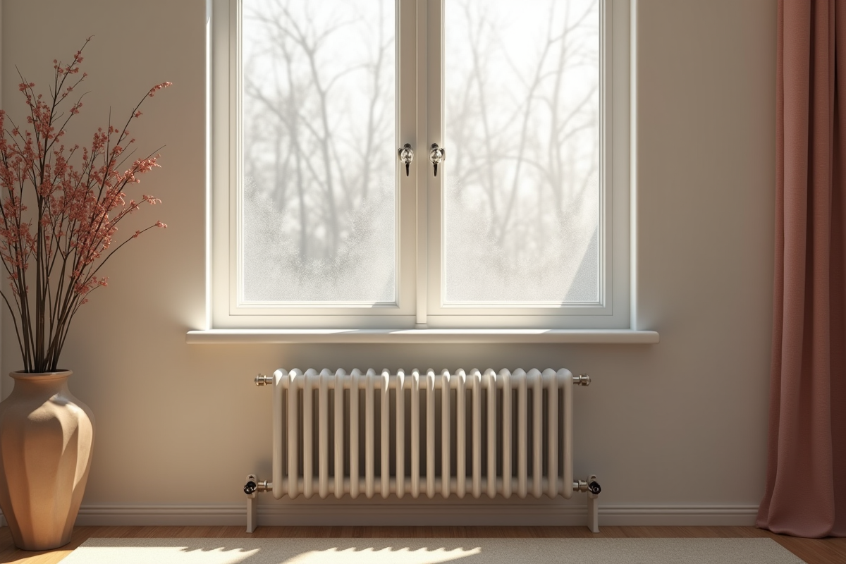 Radiateur blanc moderne sous une grande fenêtre en intérieur cosy