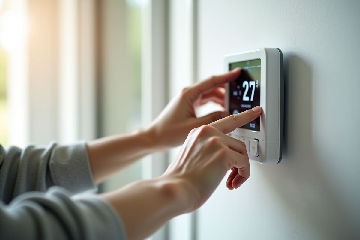 Mains ajustant un thermostat numérique sur un mur lumineux