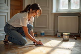 Femme rénovant un parquet ancien dans un salon lumineux
