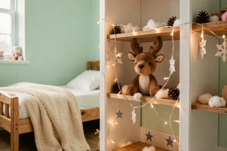 Décoration de chambre d'enfant avec renne de Noël en peluche sur une étagère en bois, ambiance féerique et chaleureuse