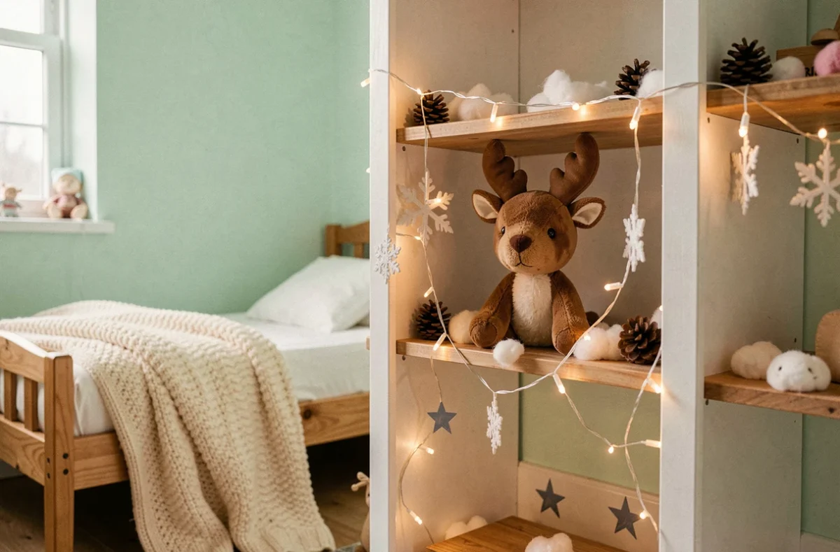 Décoration de chambre d'enfant avec renne de Noël en peluche sur une étagère en bois, ambiance féerique et chaleureuse