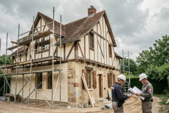 Vue d'ensemble d'un chantier de rénovation de maison à colombages en Seine-Maritime avec ouvriers et échafaudages