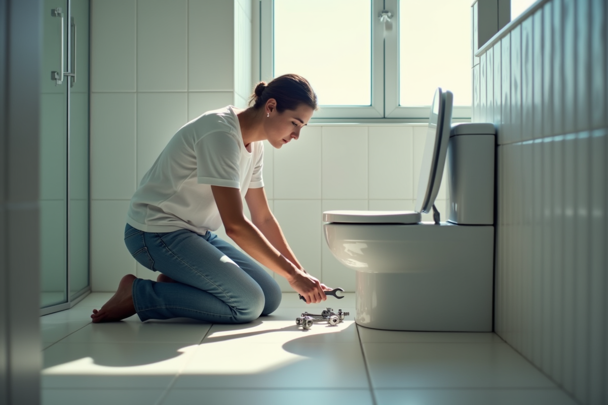 Personne répare une toilette dans une salle de bain moderne
