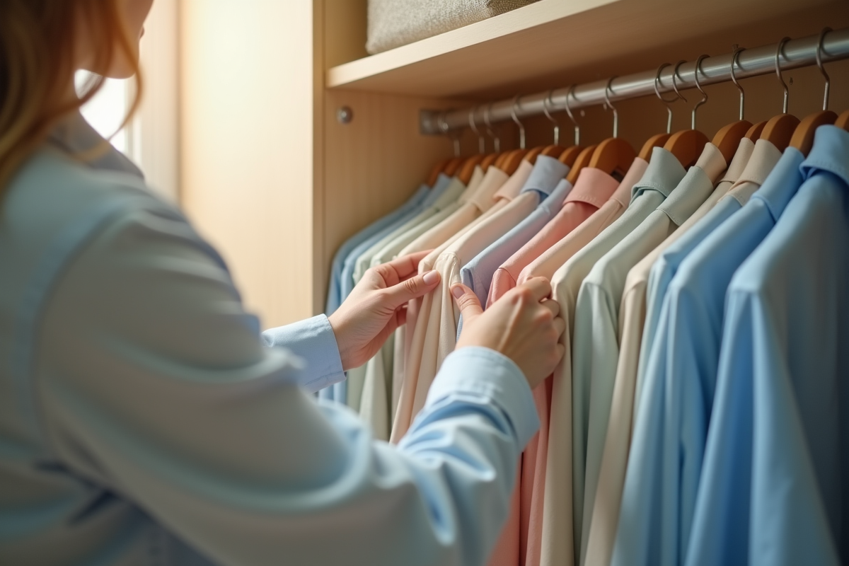 Personne pliant des vêtements pastel dans un placard propre