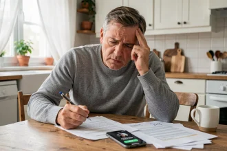 Homme stressé tentant de résilier son alarme Verisure par téléphone avec des documents de contrat étalés sur la table