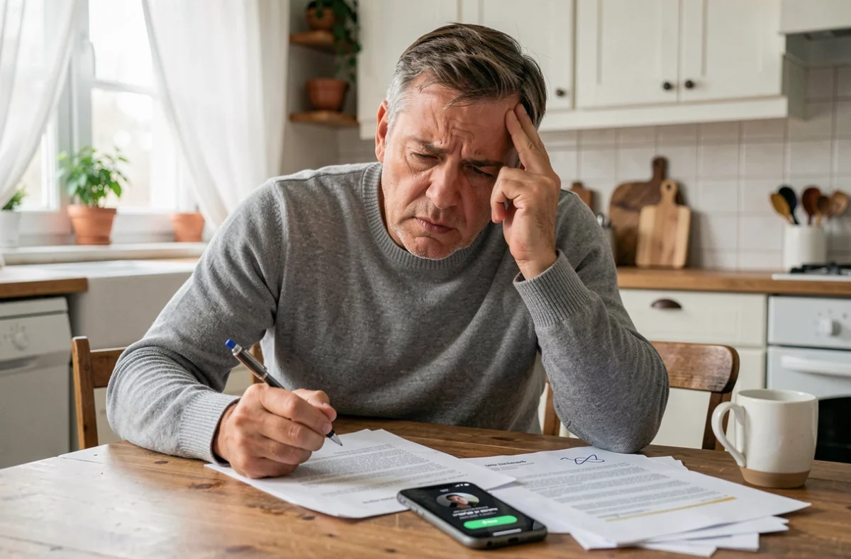 Homme stressé tentant de résilier son alarme Verisure par téléphone avec des documents de contrat étalés sur la table