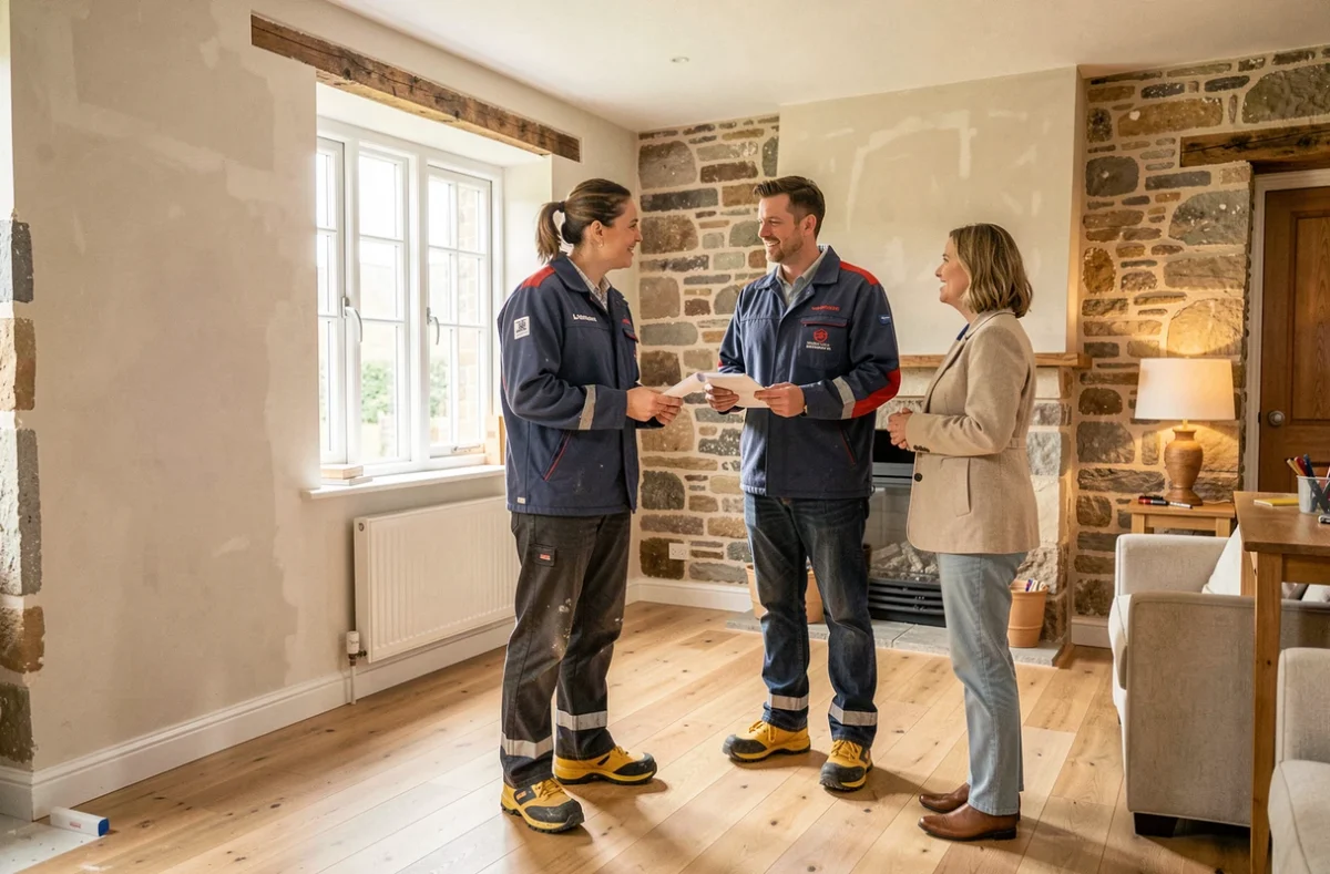 Équipe R&J Habitat conseillant des propriétaires lors d'une rénovation intérieure dans une maison normande en pierre