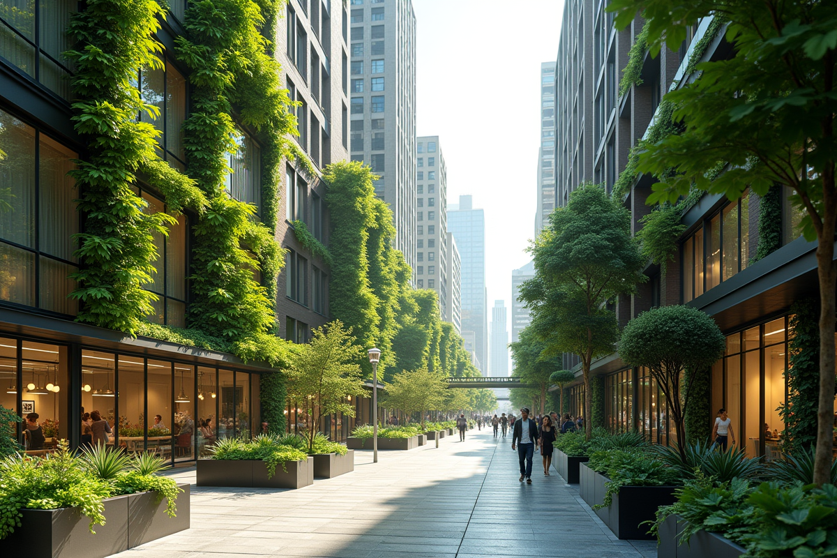 Rue urbaine moderne avec jardins verticaux et arbres sur les toits