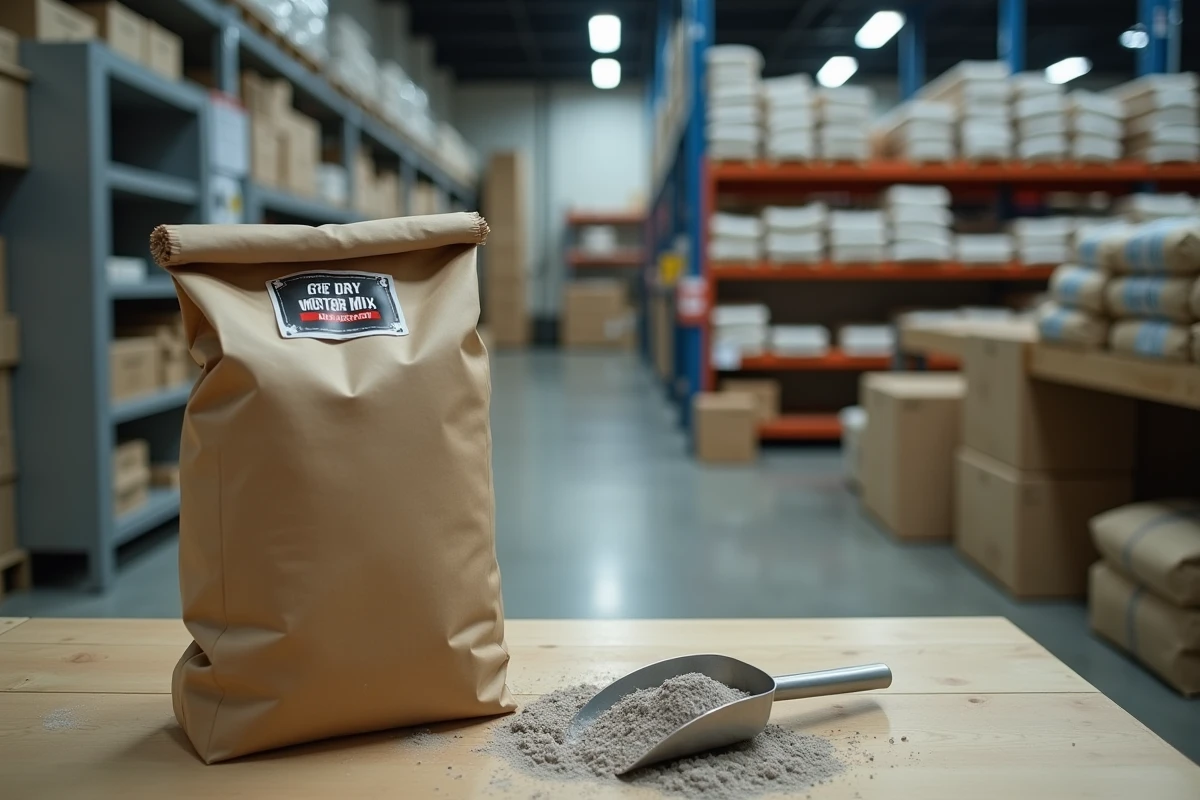 Sac de mortier prêt à l'emploi ouvert avec poudre grise sur établi dans un magasin de bricolage