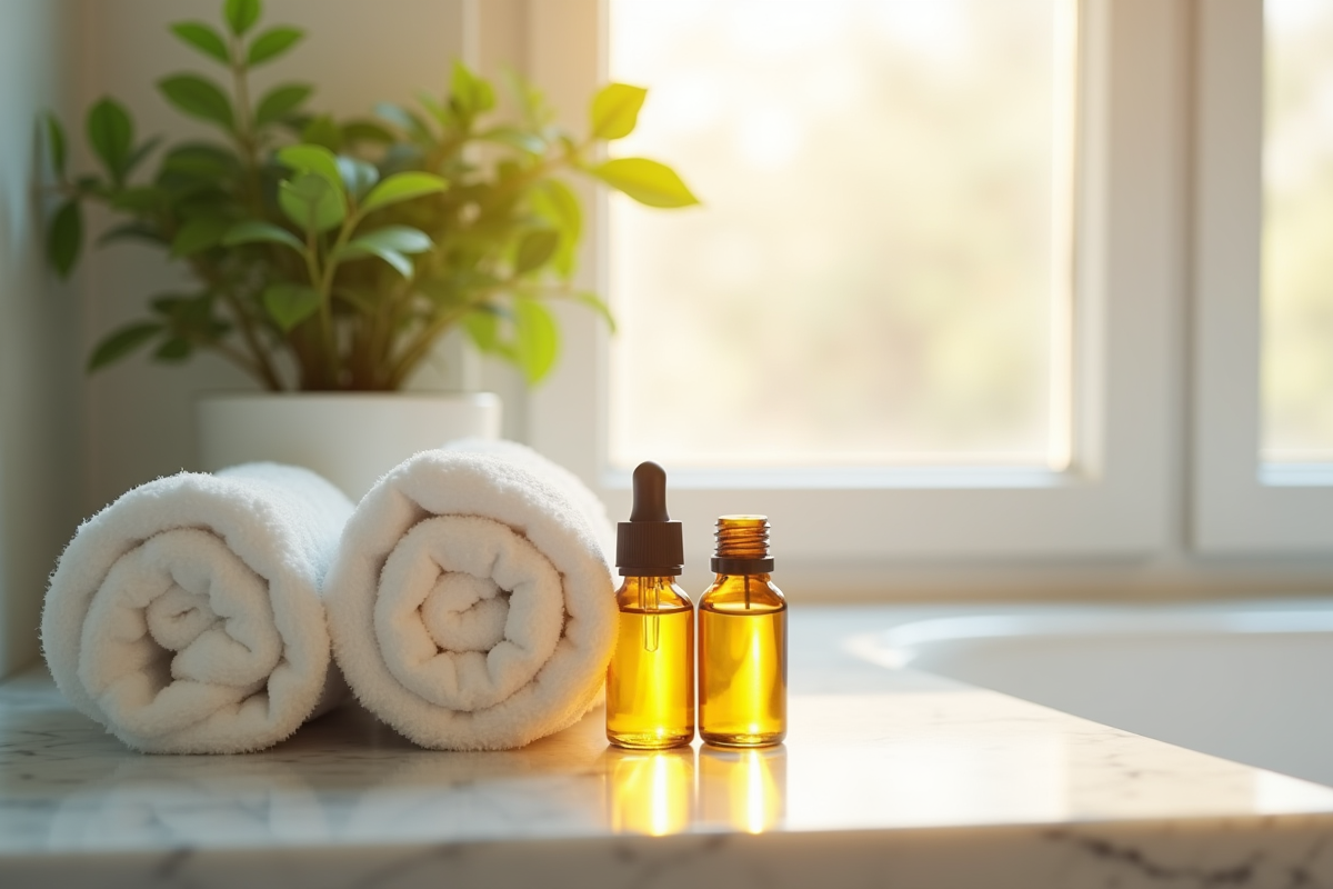 Salle de bain avec bouteilles d huiles essentielles et serviettes blanches