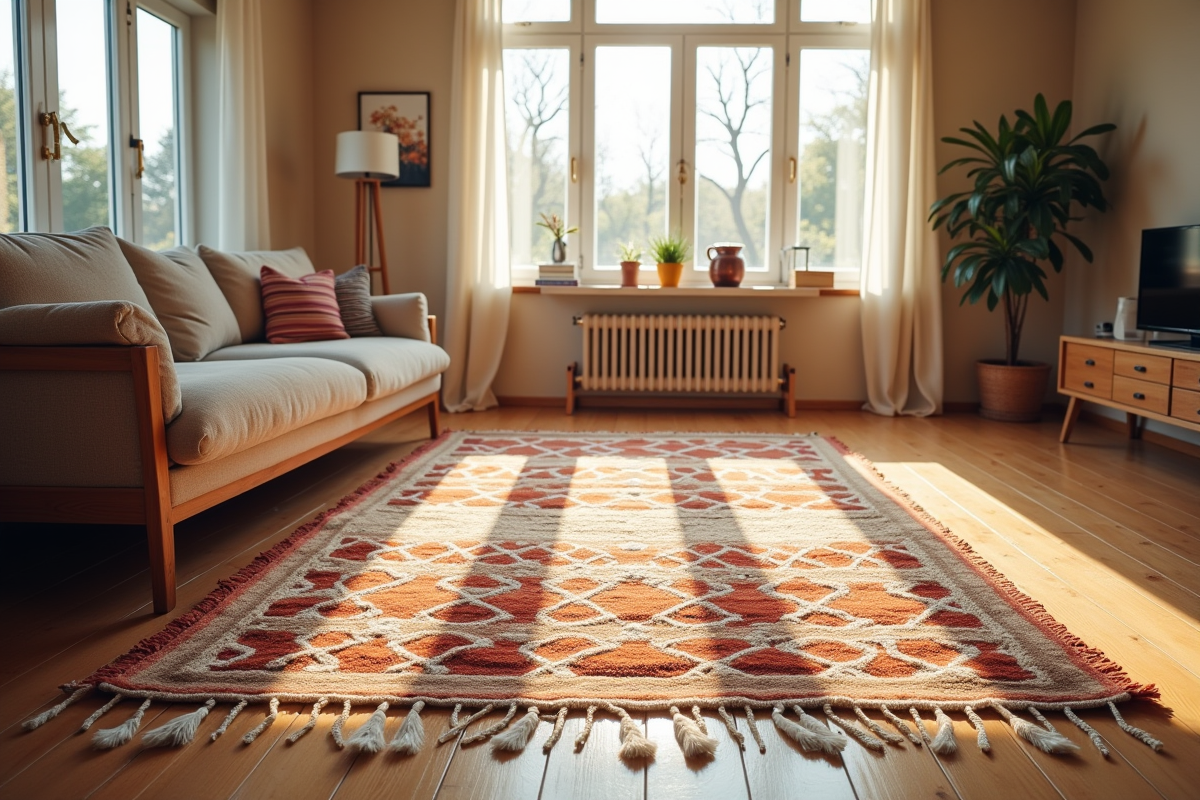 Salon lumineux avec un tapis berbere sur le sol en bois