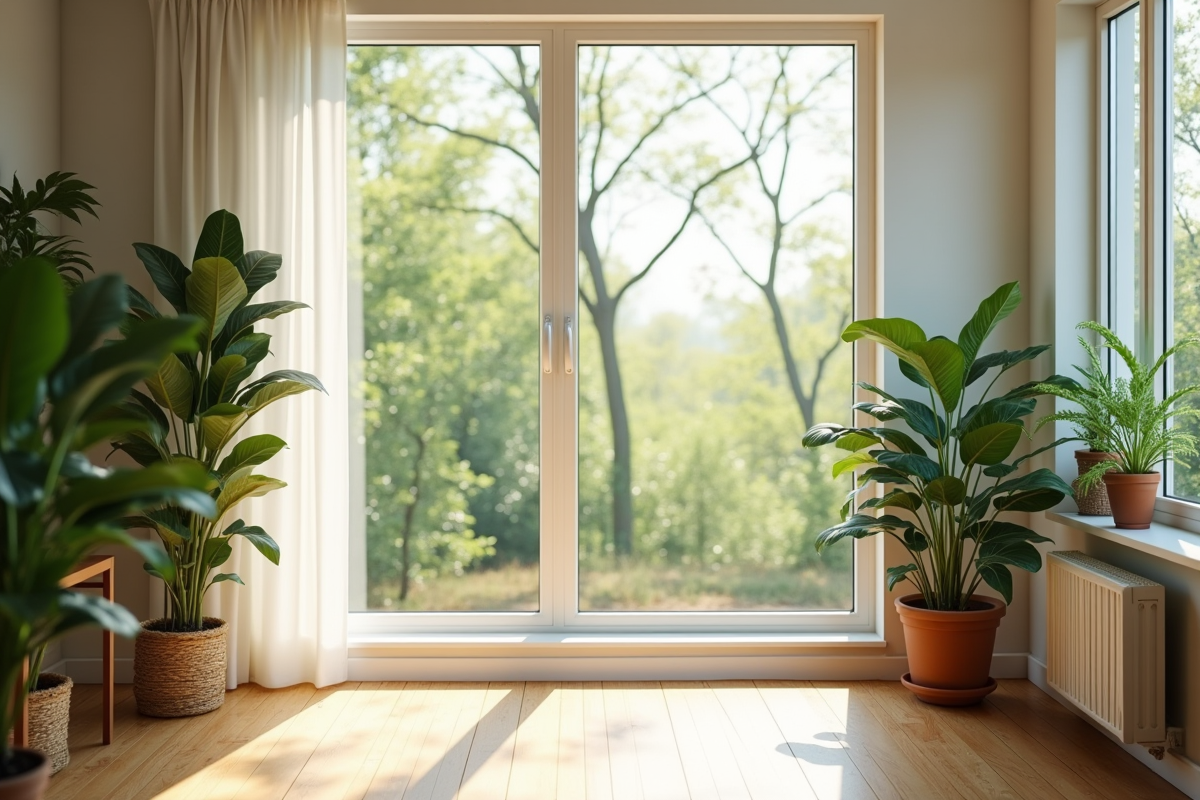 Salon moderne lumineux avec grandes fenêtres et plantes vertes