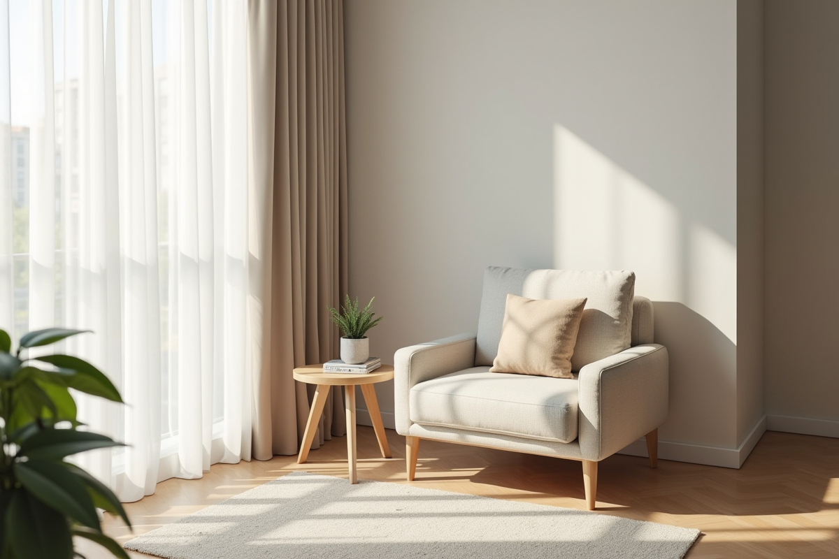 Petit salon cosy avec fauteuil clair et lumière naturelle
