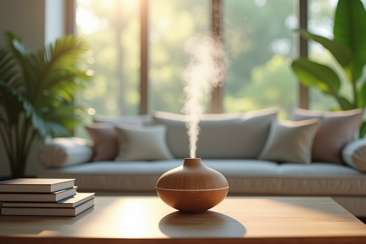 Salon moderne avec diffuseur d huiles essentielles et plantes vertes