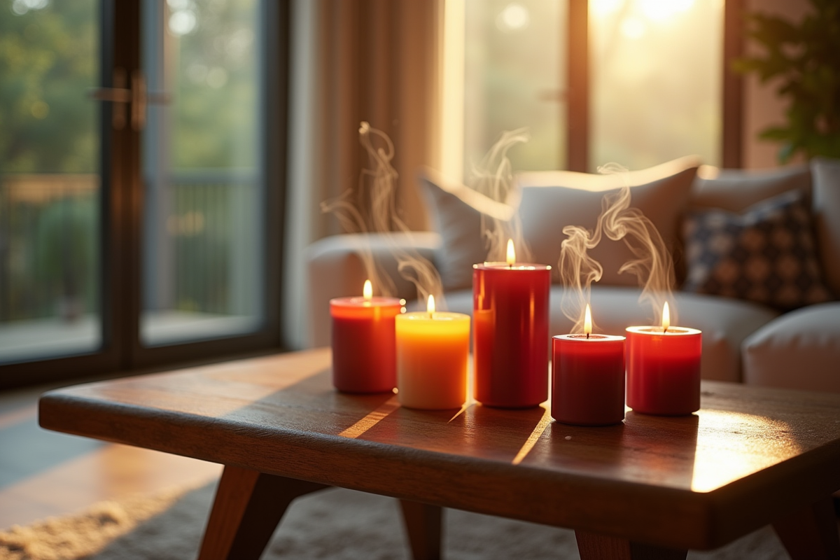 Salon élégant avec bougies parfumées et lumière naturelle