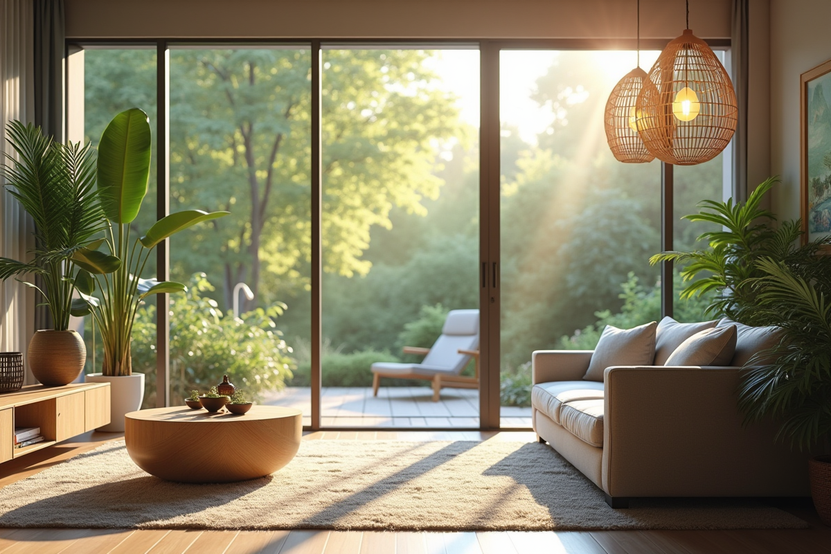 Salon moderne avec grandes fenêtres énergie star et lumière naturelle