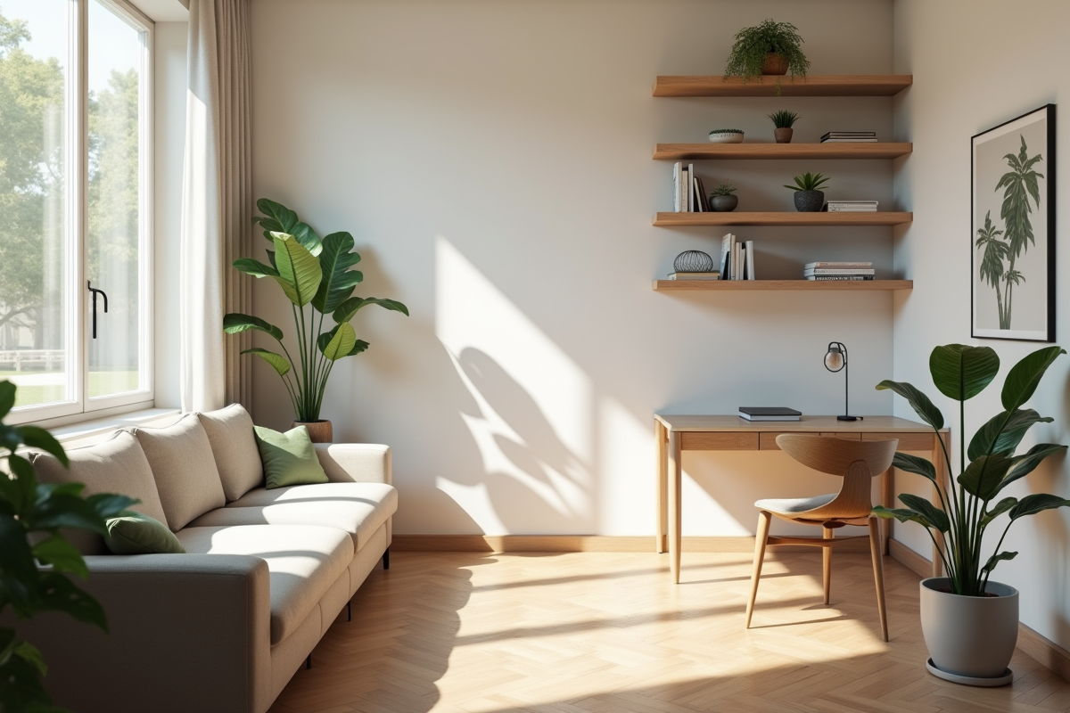 Salon lumineux avec canapé modulable et étagères minimalistes