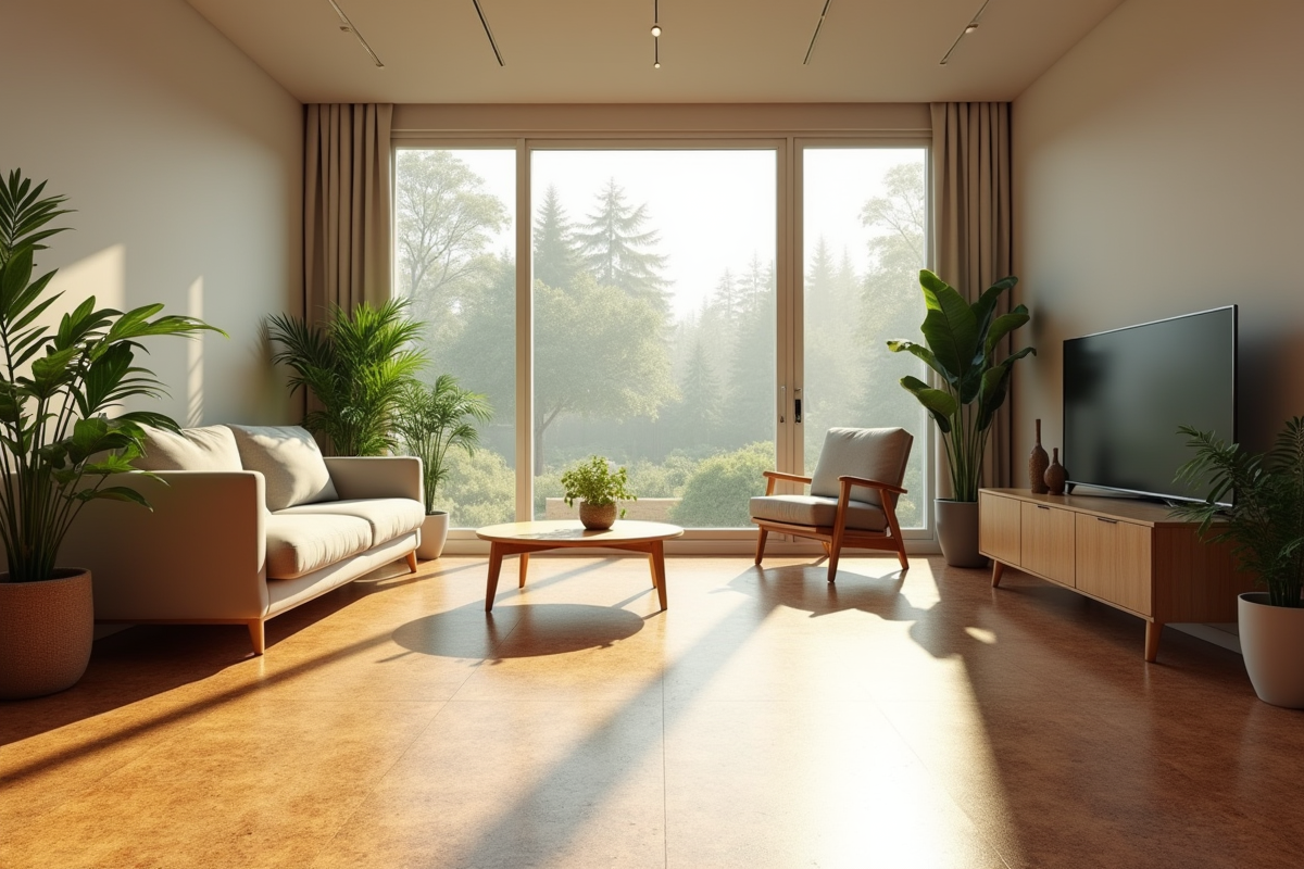 Salon moderne avec parquet en liège et lumière naturelle