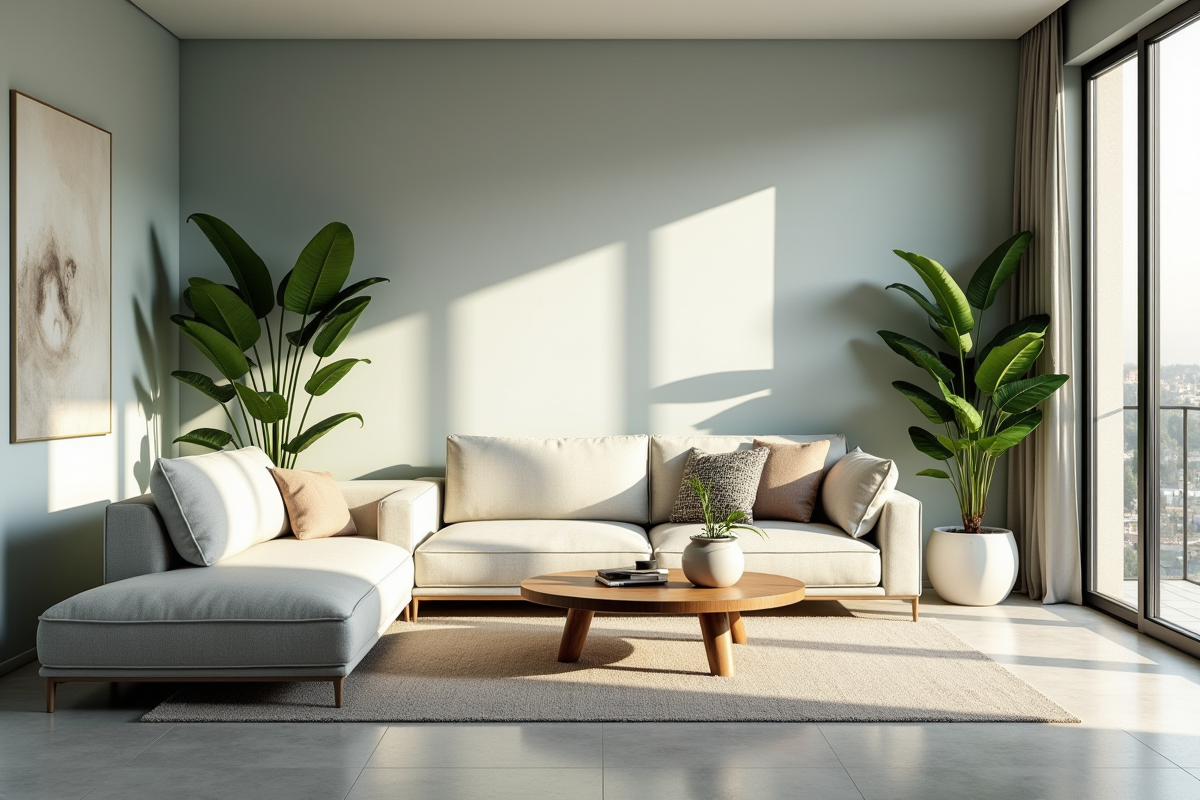 Salon moderne avec couleur PPG 2025 et plantes vertes