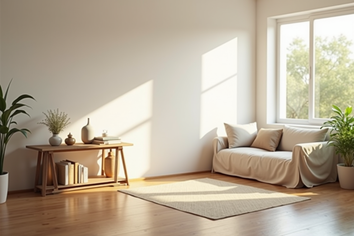 Salon minimaliste lumineux et épuré en journée naturelle