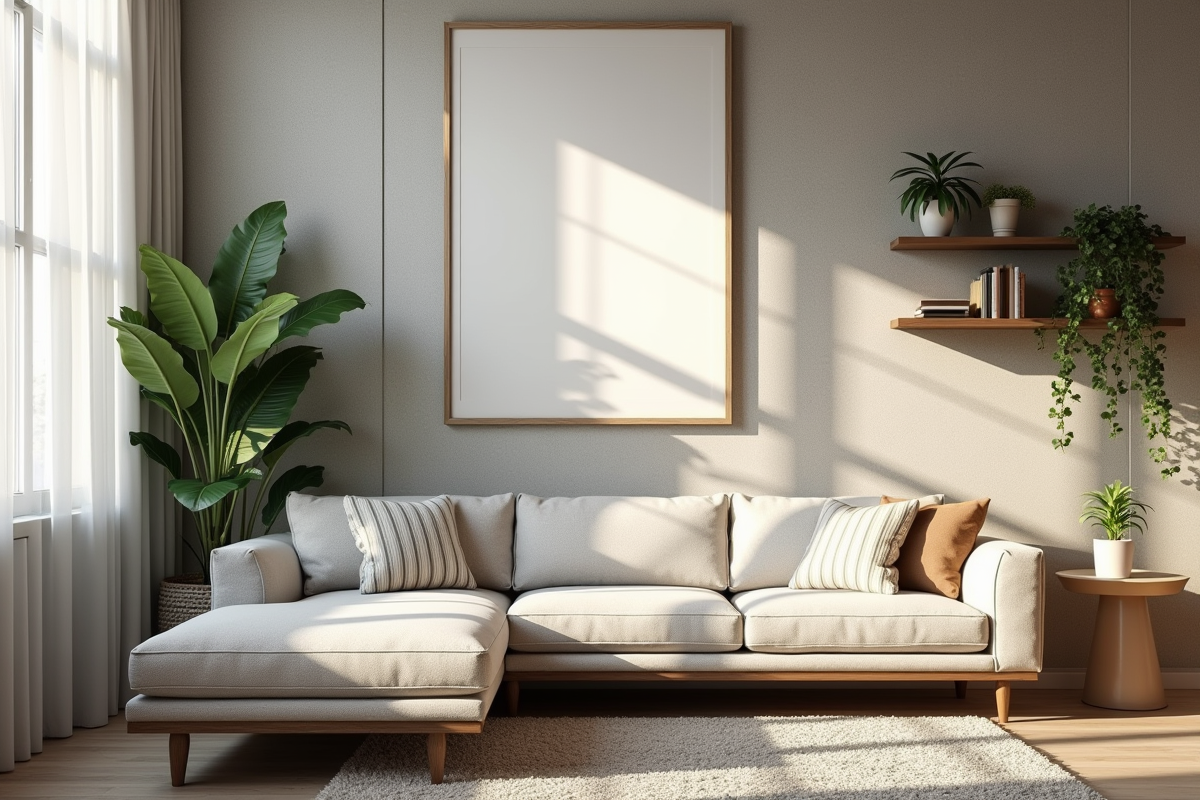 Salon moderne avec mur texturé et décoration artistique
