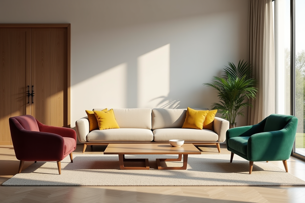 Salon moderne avec canapé beige et chaises colorées