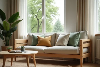 Salon moderne décoré avec des meubles Skandinaves en bois clair, canapé en lin et tapis en laine, style Sklum