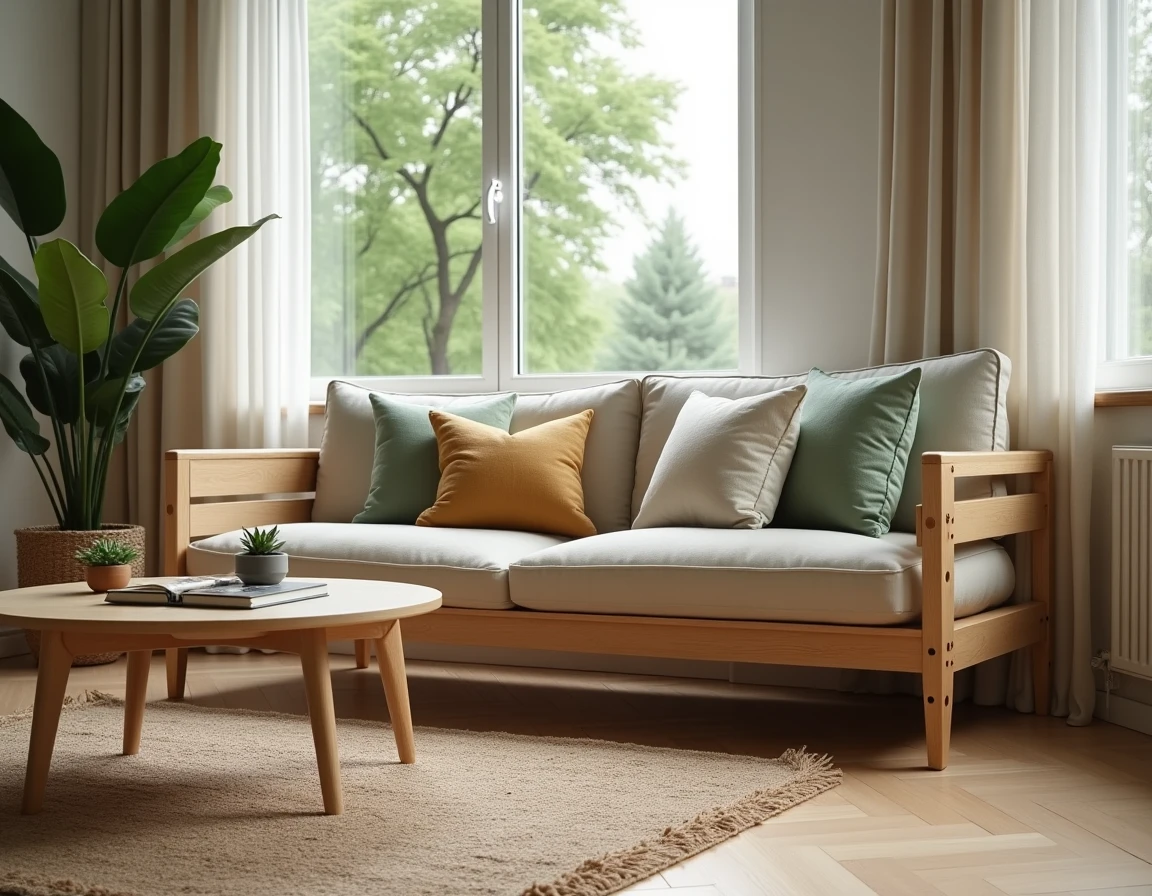 Salon moderne décoré avec des meubles Skandinaves en bois clair, canapé en lin et tapis en laine, style Sklum