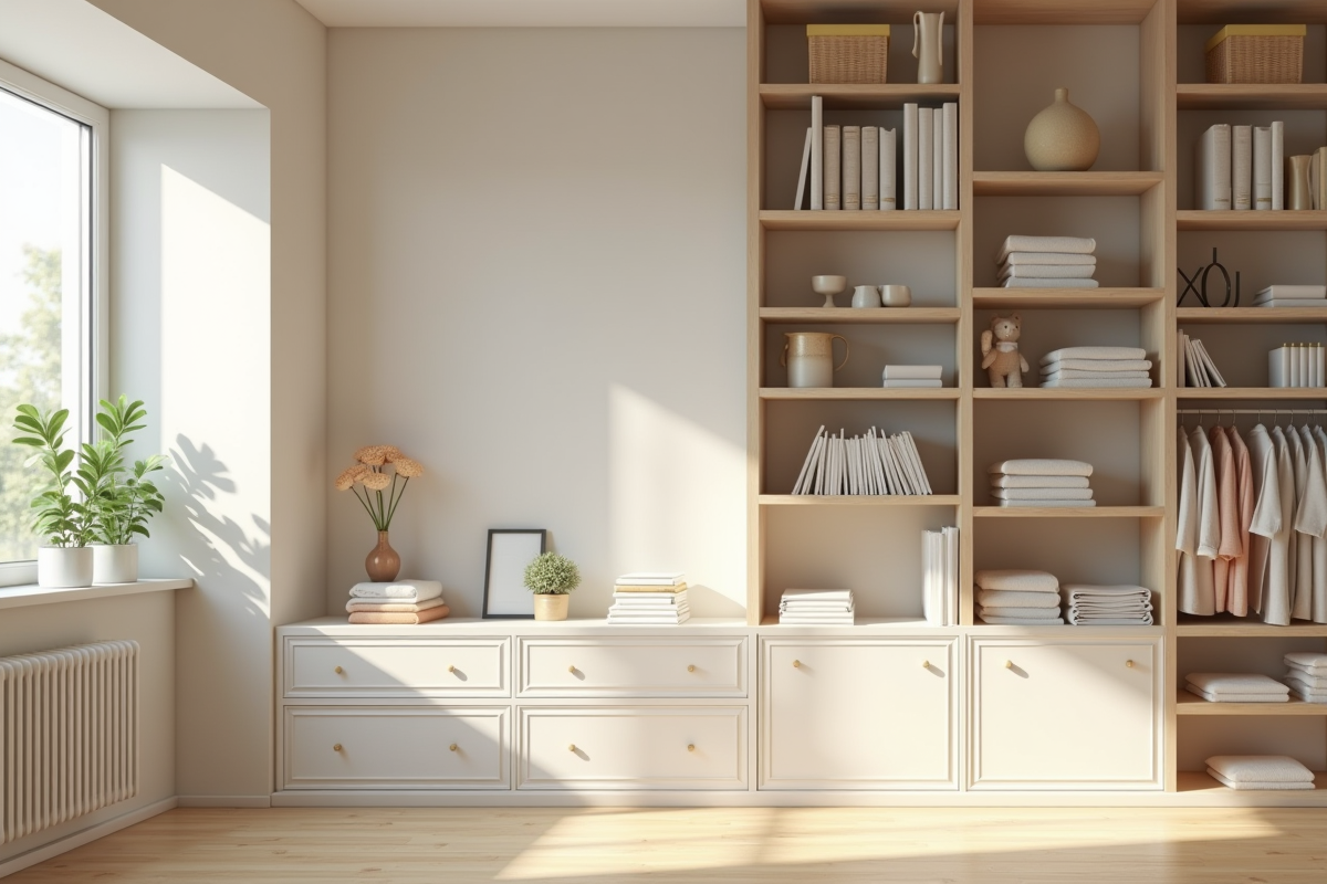 Salon organisé avec lumière naturelle et étagères minimalistes