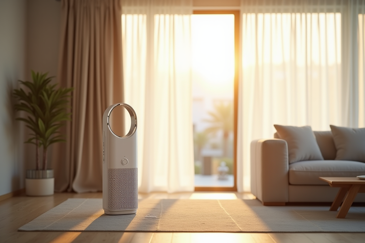 Salon moderne avec purificateur d'air en fonctionnement