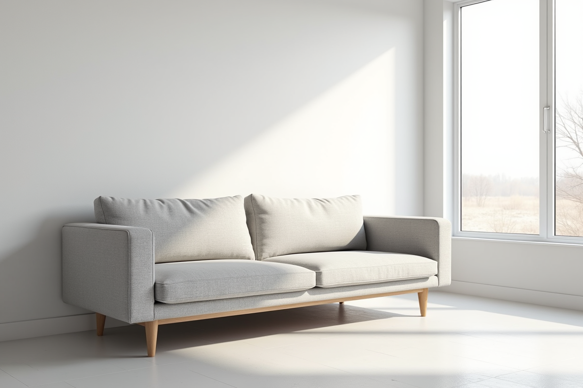 Salon moderne avec canapé gris clair et décoration scandinave