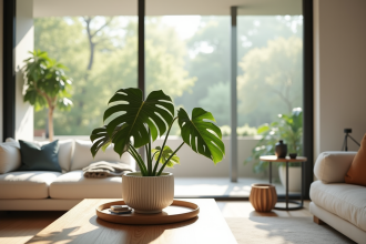 Salon moderne avec grande fenetre et plante monstera