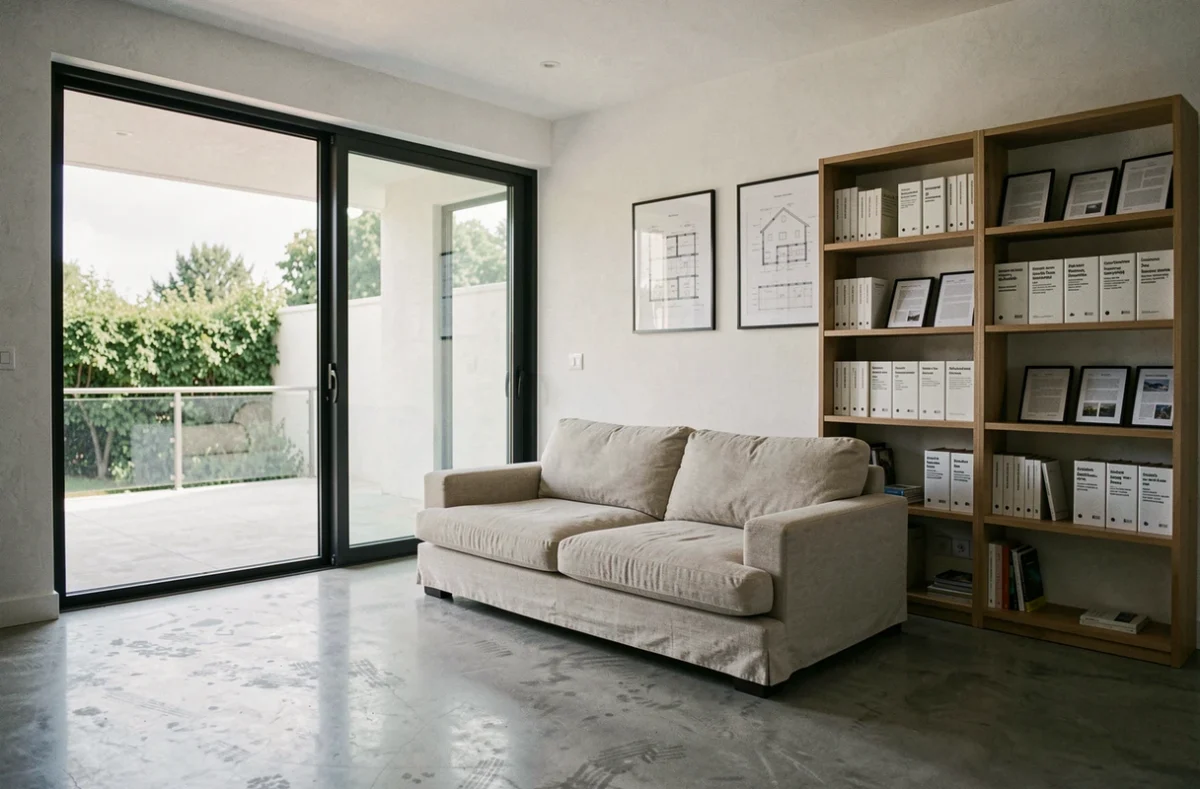 Salon intérieur d'une villa moderne avec baies vitrées et documents immobiliers, pour illustrer le vocabulaire des petites annonces