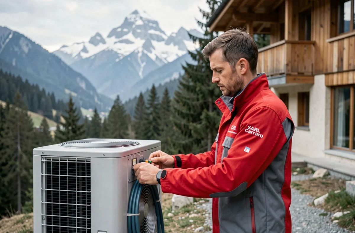 Technicien SARL Carraro réglant une pompe à chaleur devant un chalet en Haute-Savoie