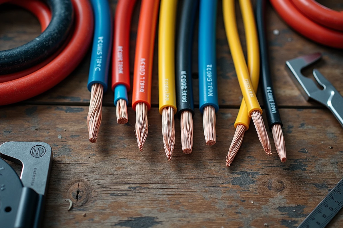 Assortiment de fils électriques de différentes sections sur un établi d'atelier, de 1,5 mm² à 6 mm²