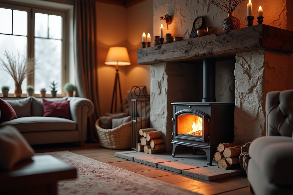 Salon chaleureux avec cheminée en hiver ambiance cocooning