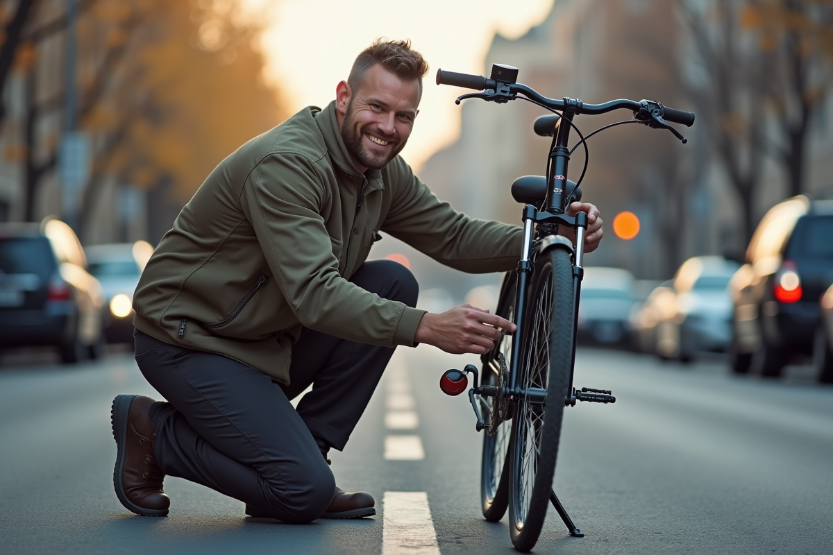 Serrurier souriant travaillant sur une serrure de vélo en ville