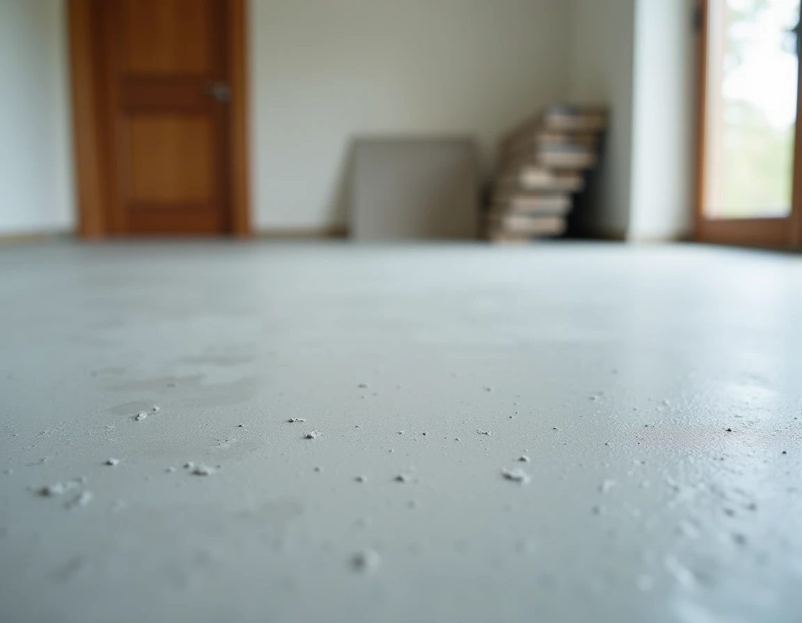 Sol en ragréage lissé et séché dans un salon prêt pour la pose de carrelage